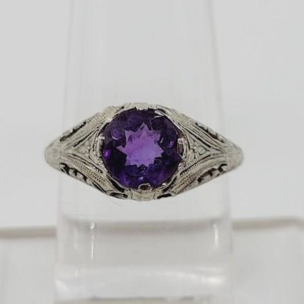 18k Solid White Gold 1930's Orange Blossom Amethyst Round Art Deco Ring Size 6.5